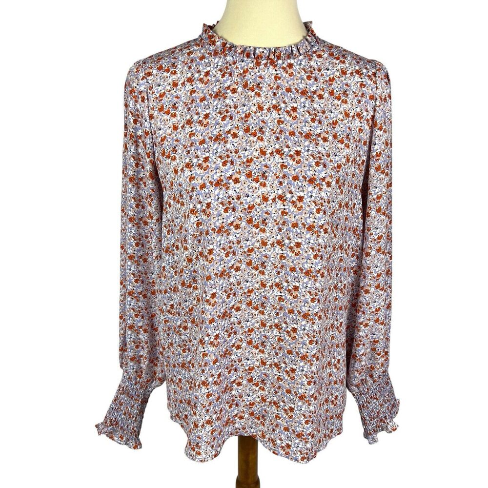 Cupcakes & Cashmere Violet Pink Floral Ruffle Neck Long Sleeve Blouse Medium